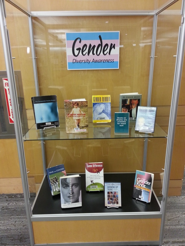 An open glass case with trans-relevant media and a sign reading Gender Diversity Awareness.
