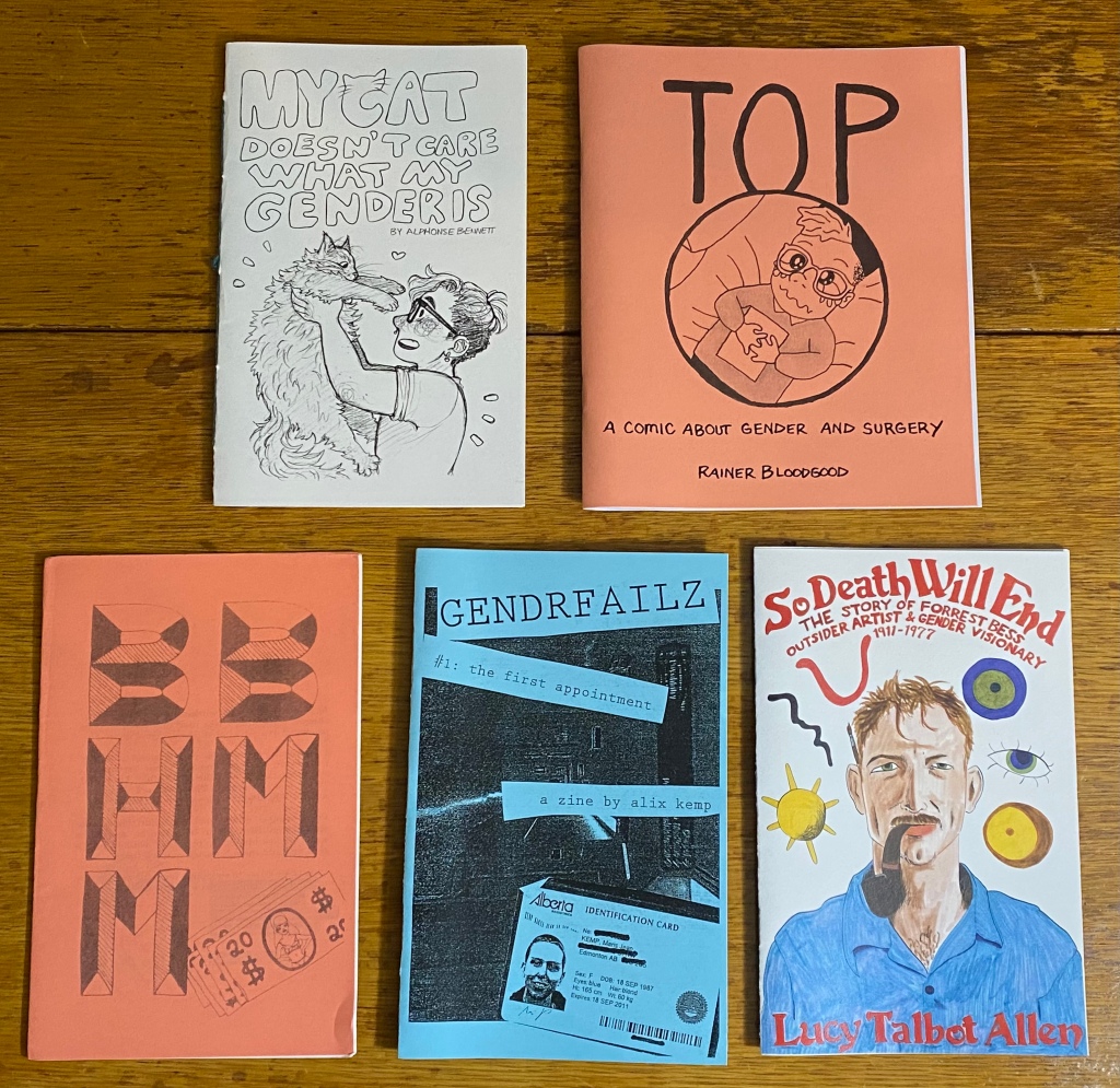 Five zines on a wooden table.